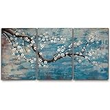 Wall Art for Living Room 100% Hand-Painted Flower Oil Painting On Canvas Gallery Wrapped Large Framed Floral Plum Blossom Tree Teal Blue Artwork for Home Bedroom Decor 48'x24'