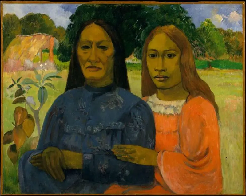 Gauguin based this formidable composition on a photograph of two women seated side by side on the stoop of a house. He painted it just before or after his 1901 departure from Tahiti for the Marquesas Islands.