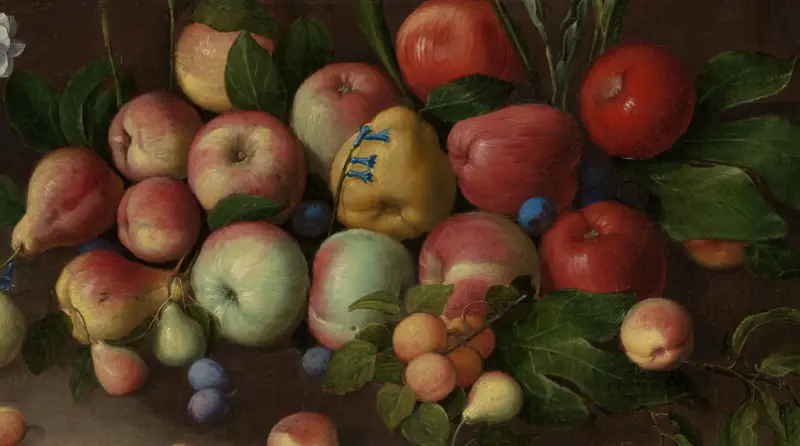 How Long Do Oil Paint Tubes Last cover image. It depicts a bodegon style of painting, with a lot of apples, peach, pear, figs and grapes all together against a darkdrop.